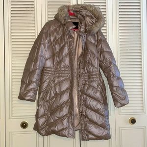 Talbots Rose Gold Down Puffer Jacket with Removable Faux Fur Hood Size XL